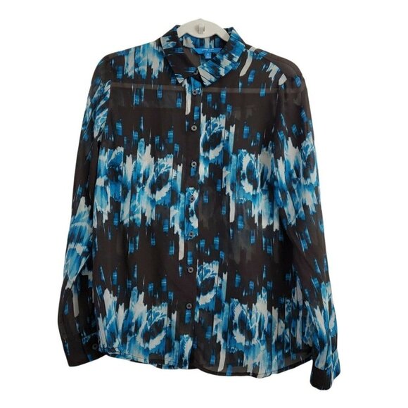 Derek Lam Blouse Womens Medium Button‎ Up Blue Black Long Sleeve Sheer Collared - Picture 1 of 11